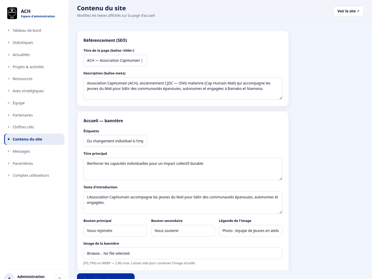 The 'Contenu du site' editor in the back-office: grouped form fields (SEO title and meta description, hero label, heading, intro text, buttons, banner image) that let the association edit every text and image block of the public page without touching code.