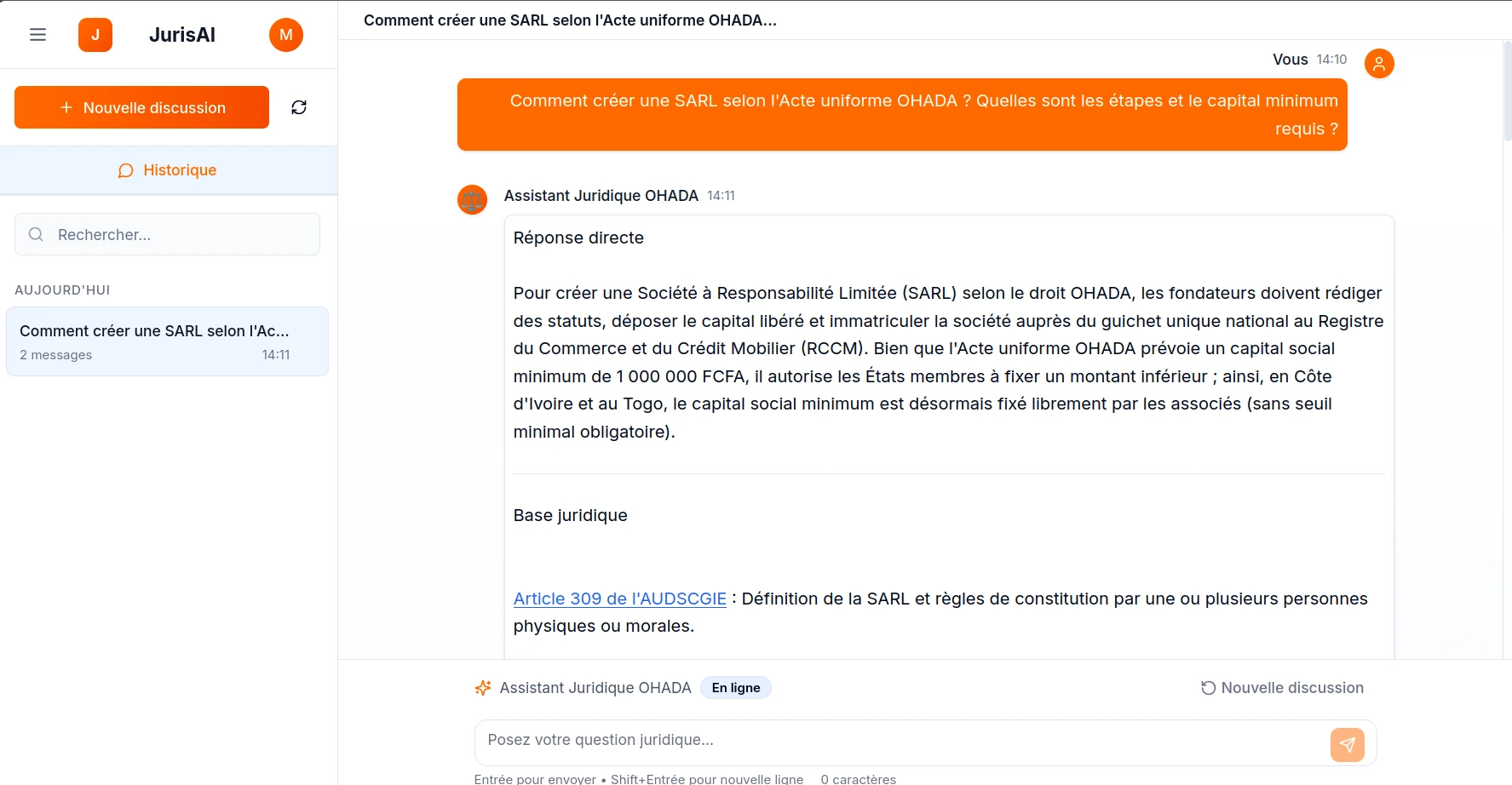 The Inikwe chat interface showing a real conversation about creating a SARL under OHADA law, with a structured answer citing Article 309 of the AUDSCGIE.