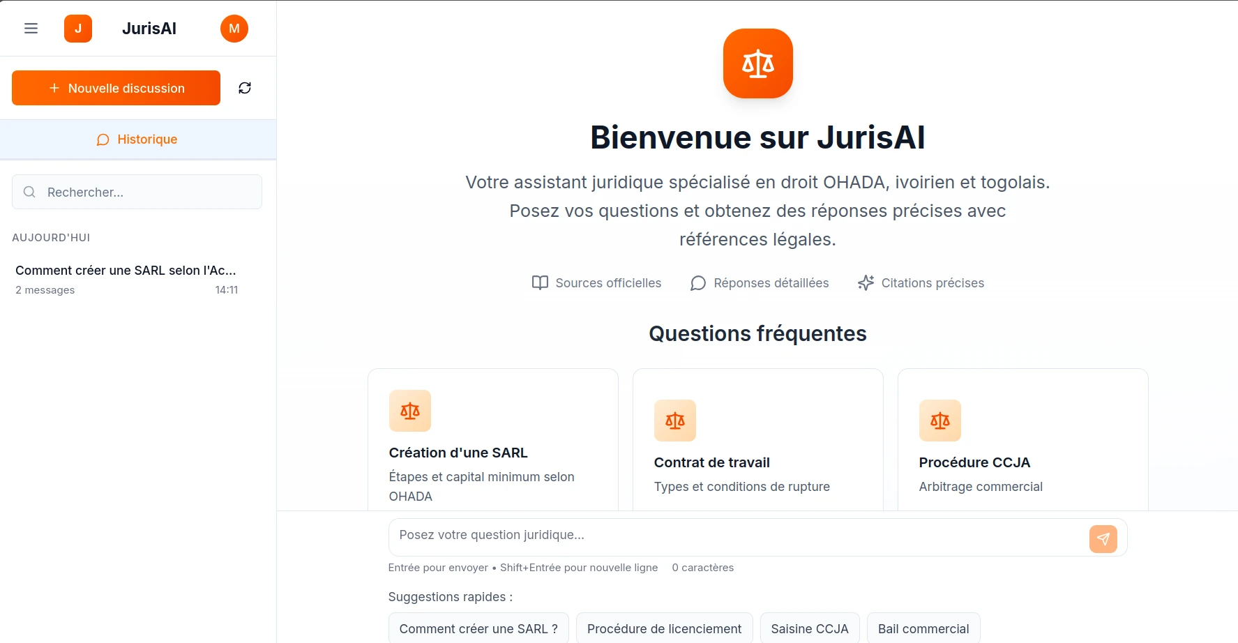 The Inikwe welcome screen with starter questions covering SARL creation, labor contracts and CCJA arbitration, plus the conversation history sidebar.