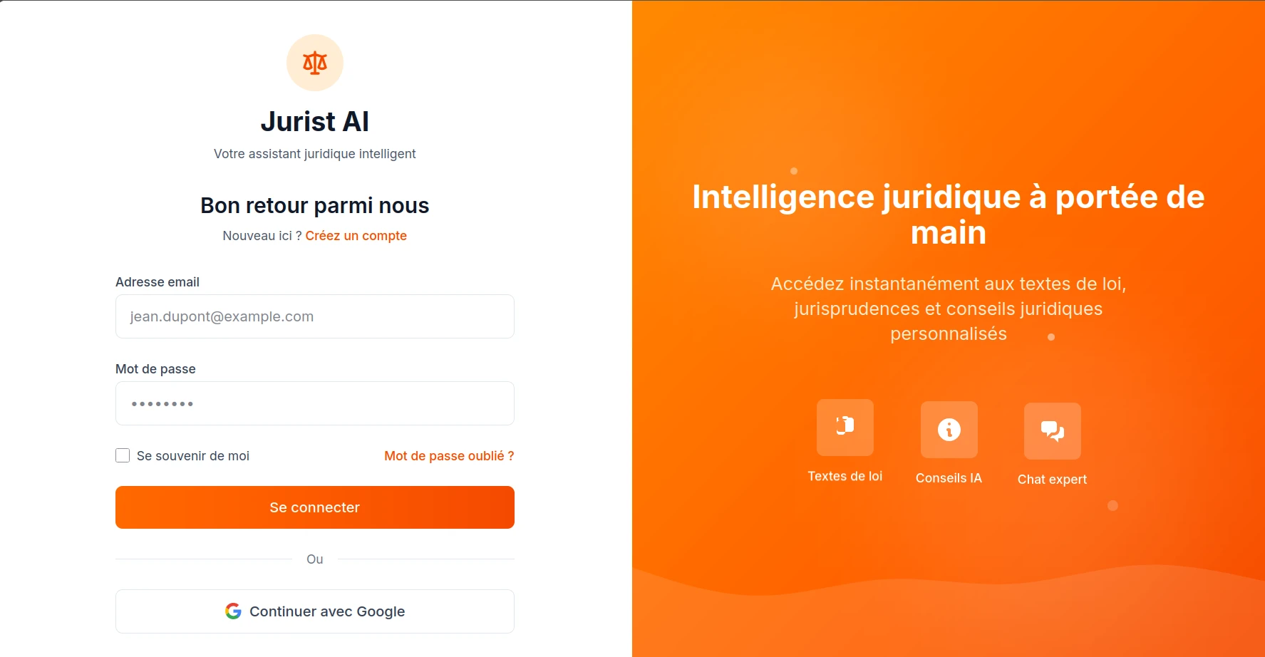 The Inikwe sign-in screen, split layout, with the 'Jurist AI' branding and an animated panel highlighting legal texts, AI advice and expert chat.