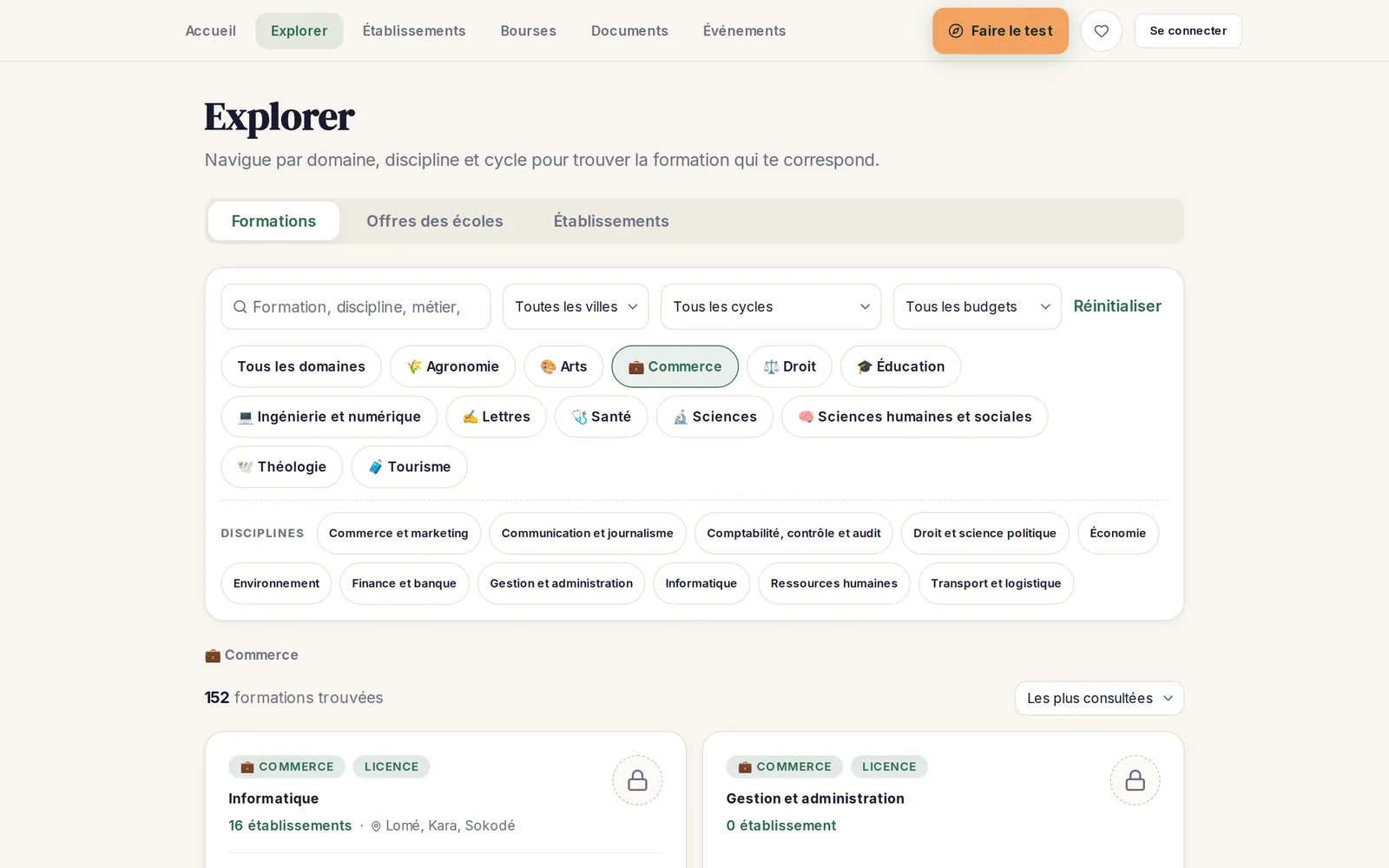 Orient App's Explorer page on desktop, 'Formations' tab: a filter card with a search field and city / cycle / budget dropdowns, a row of study-domain chips with 'Commerce' selected, and a 'DISCIPLINES' row (Commerce et marketing, Comptabilite controle et audit, Finance et banque, Informatique, Ressources humaines, Transport et logistique...), above '152 formations trouvees' and the first result cards.