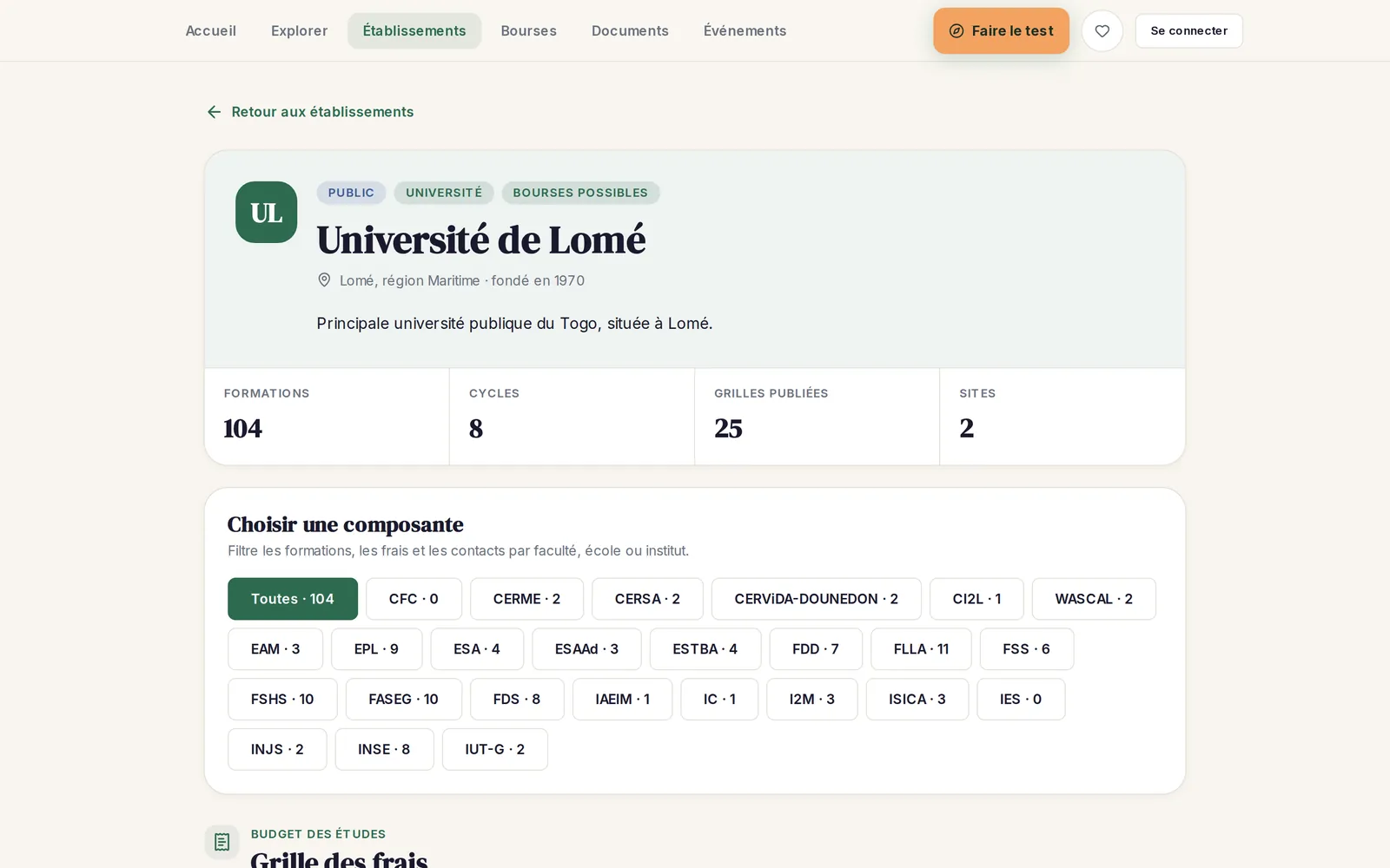 Orient App's institution page for Universite de Lome on desktop: a header card with the PUBLIC, UNIVERSITE and BOURSES POSSIBLES tags, 'Lome, region Maritime - fonde en 1970', 'Principale universite publique du Togo', counters for 104 formations, 8 cycles, 25 grilles publiees and 2 sites, and a 'Choisir une composante' selector listing faculties and institutes by acronym (CFC, CERME, FASEG, FSS, FDD, IUT-G...).