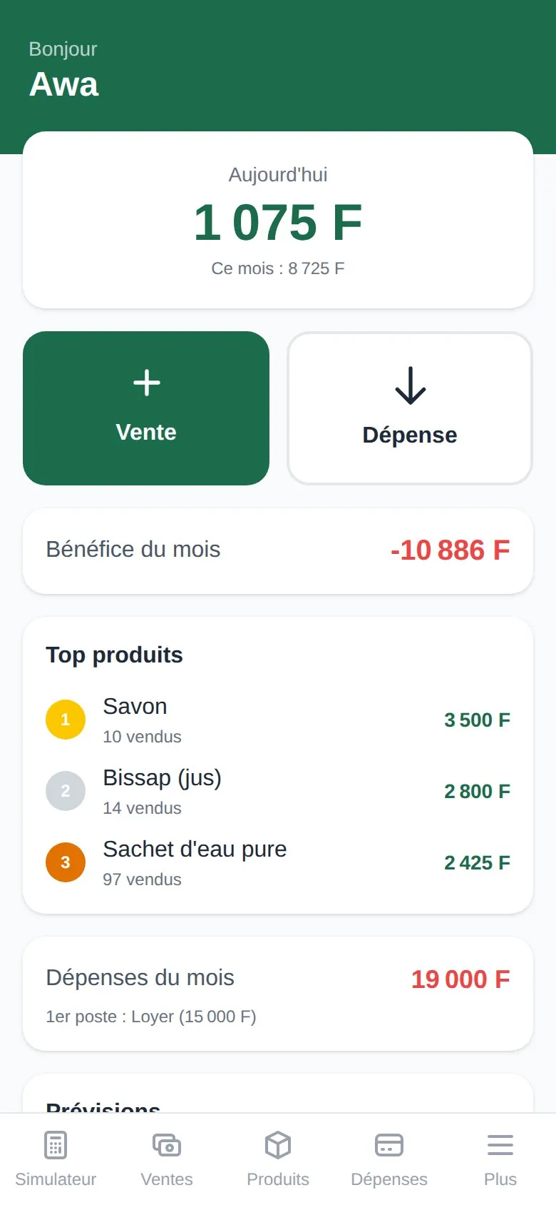 The Tchona dashboard on a phone: 'Bonjour Awa', today's turnover 1 075 F with 'Ce mois : 8 725 F' below, 'Vente' and 'Depense' buttons, a 'Benefice du mois' card showing -10 886 F in red, a 'Top produits' list (Savon, Bissap, Sachet d'eau pure), and a 'Depenses du mois' card at 19 000 F with Loyer as the top item.