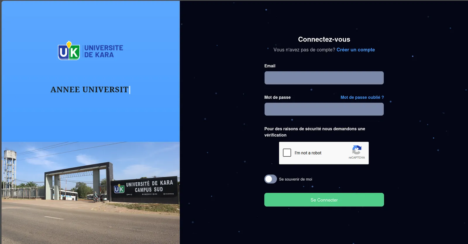 UKPGM sign-in screen: University of Kara branding with a photo of the Campus Sud entrance, an email and password form, a reCAPTCHA check and a 'Create an account' link for new users.